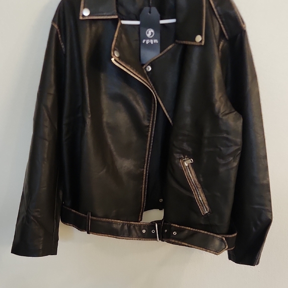 S P Y M Womens Worn Effect Faux Leather Jacket, Faded Moto Biker Coat with Belt - Picture 7 of 10